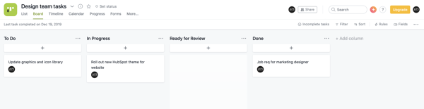 Sample task board in Asana showing To Do, In Progress, Ready for Review, and Done columns