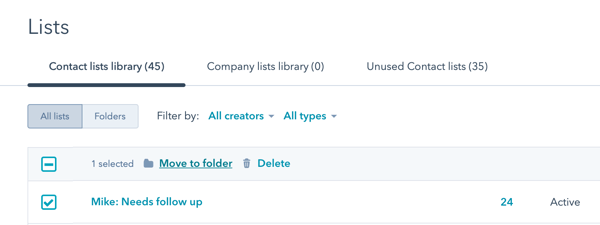 Move your HubSpot list to a folder to keep it organized
