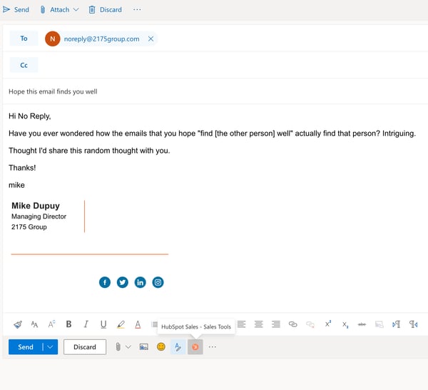 Office 365 window with HubSpot Sales Tools extension installed