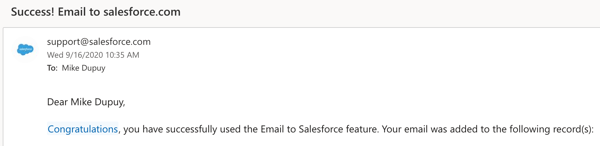 Confirmation from Salesforce that email was successfully logged